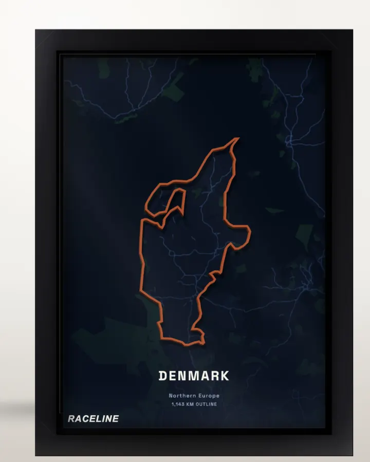 Framed Denmark country outline poster with a map background